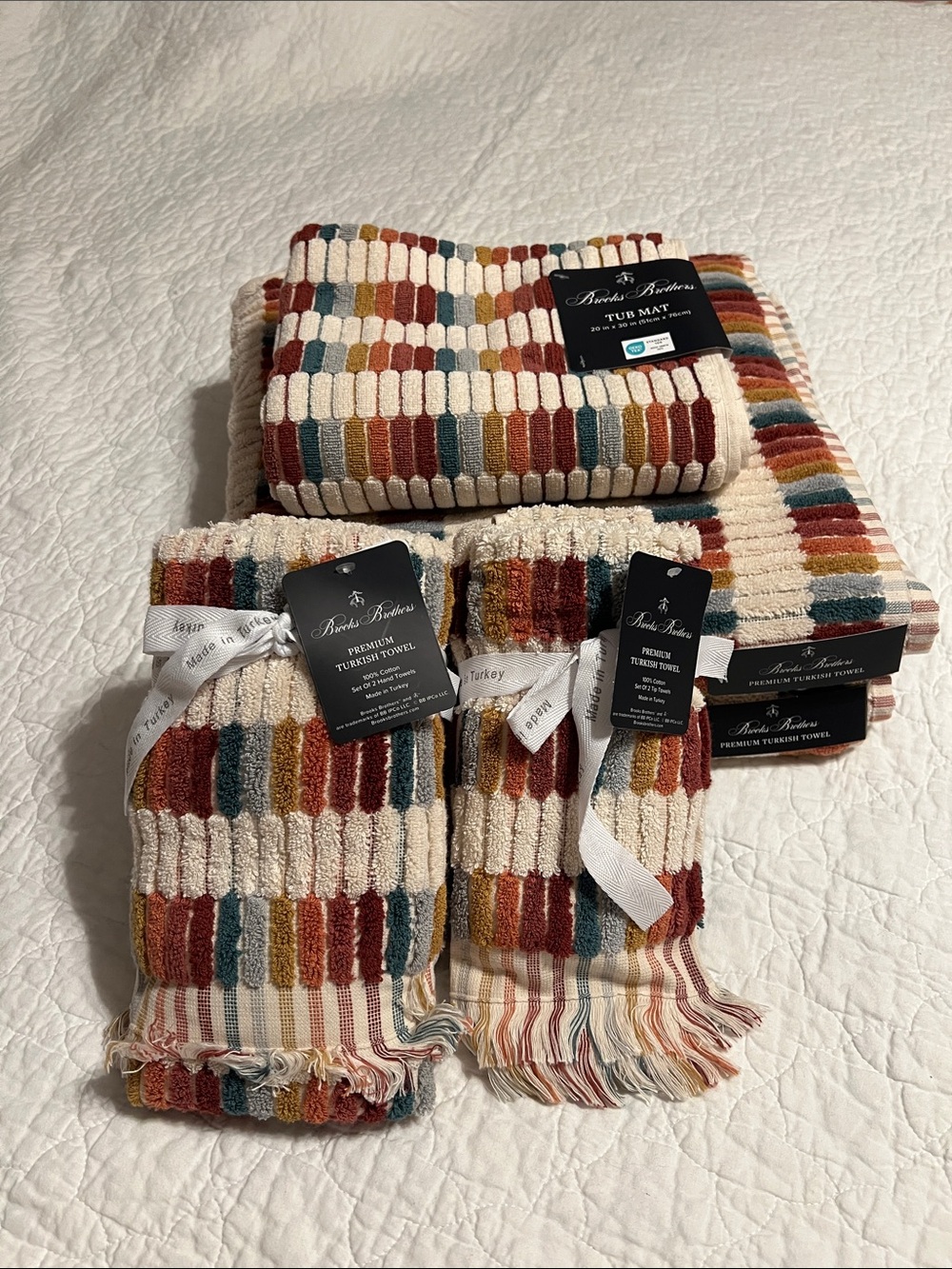 7pc BROOKS BROTHERS Fall Mosaic Tile Rainbow THICK PLUSH TURKISH Towel Set